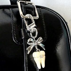 HALLOWEEN SALE Silver Coquette Tooth and Bow Keychain Bag Charm